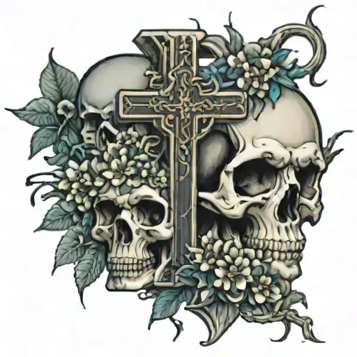 A Cross Seperating Skulls Under Neath And Above The Top Half Is Wind Funnels And Blosums On A Vine