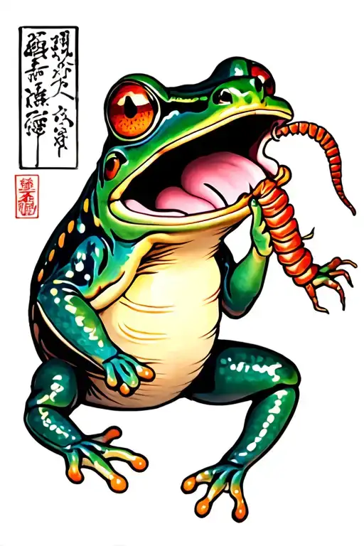 Traditional Frog Jumping With A Centipede In Its Tongue