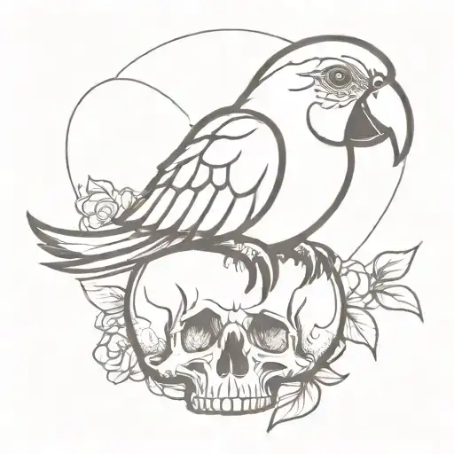 Cute Cartoon Parrot Sitting On A Human Skull