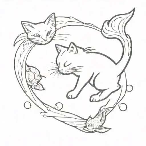 A Playful Kitten Tattoo Interacting With Swimming Koi Fish In A Japanese Pond