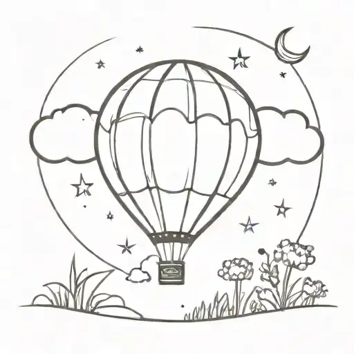 A Whimsical Design Of A Hot Air Balloon Floating Over A Field Of Wildflowers Under A Crescent Moon