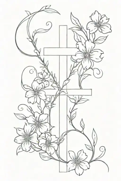 A One Line Cross Intertwined With Daisies Vines And Sweet Peas