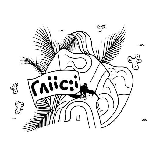 A Minimalist Tattoo Of A Beach Scene With Palm Trees And A Dog Playing In The Sand