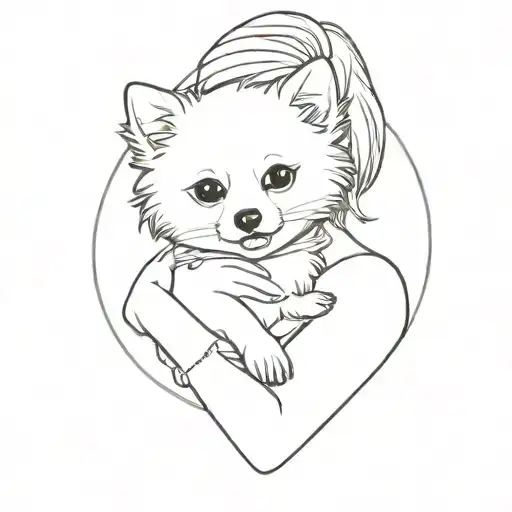 A Minimalist Tattoo Of A Girl Holding A Pomeranian Dog In Her Arms