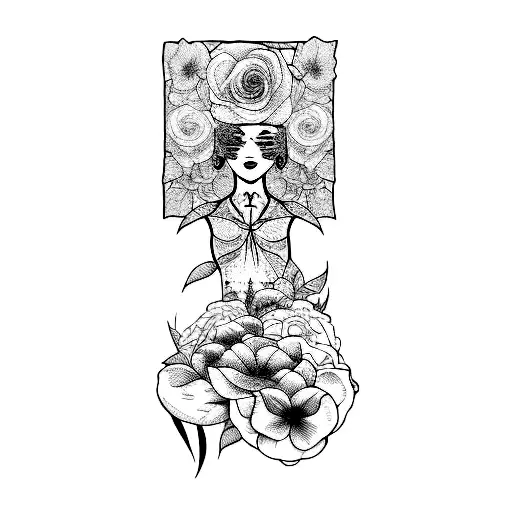 Black Ink Tattoo Of A Body Girl In Shirt With His Head Made Of Flowers