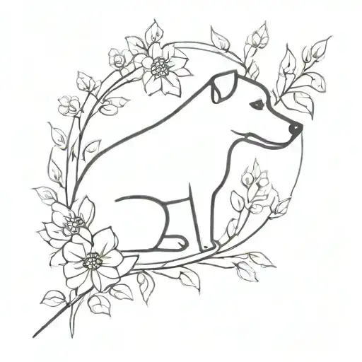 A Minimalist Tattoo Of A Dog Silhouette Surrounded By Delicate Flowers