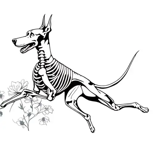 Skeleton Doberman Leaping With Flowers Around It