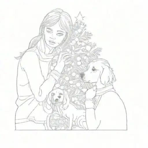 Two Girls With A Dog In Front Of A Christmas Tree