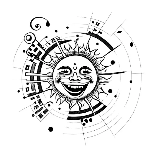 A Minimalist Design Of A Laughing Sun With Musical Notes Floating Around It