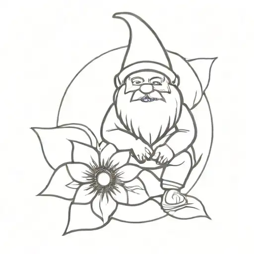 A Minimalist Tattoo Of A Gnome Sitting On A Sunflower With The Letters Zdca Hidden In The Petals