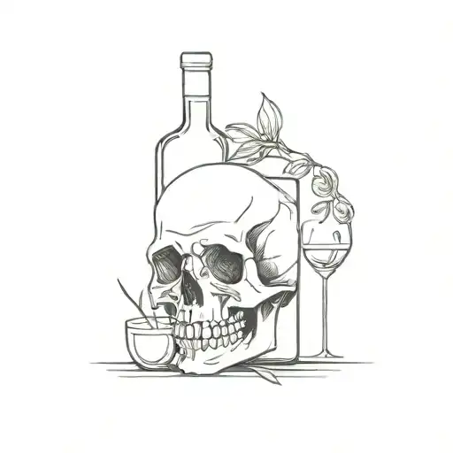 Skull Death And Bottle Of Wine And Flower Interlaced