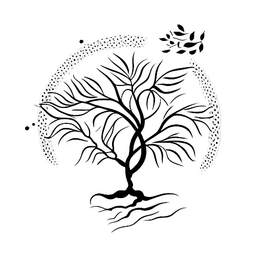 Tree Of Life With Small Roots And Falling Leaves