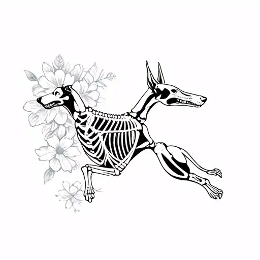Skeleton Doberman Leaping With Flowers Around It Luminous Points