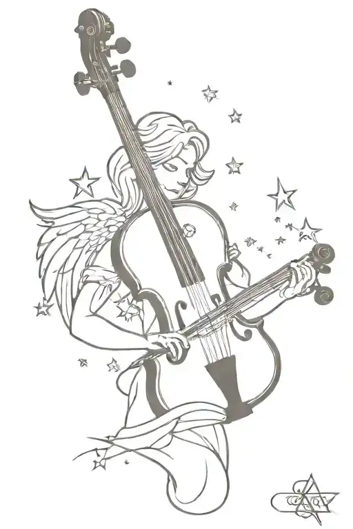 Violin With Crying Angel And Stars Shining