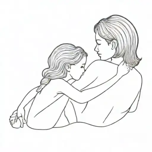 A Minimalist Tattoo Of A Mother And Daughter Embracing Each Other