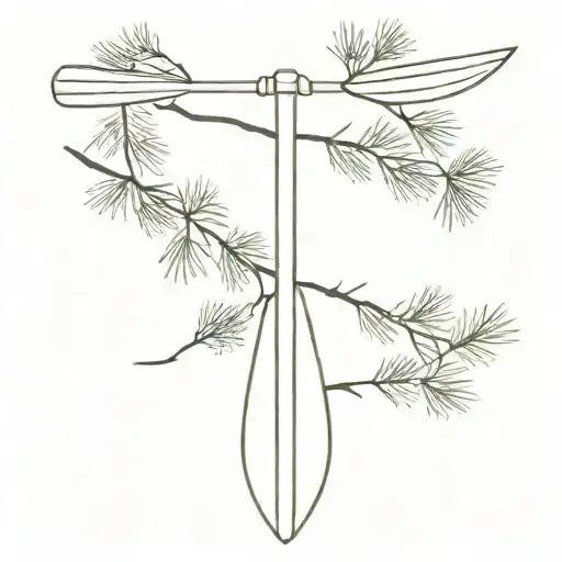 A Minimalist Tattoo Of A Kayak Paddle With Pine Tree Branches Intertwined In The Design