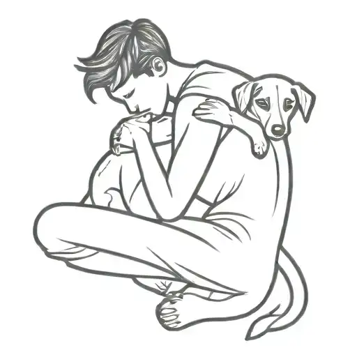 Boy Hugging A Dog Sitting