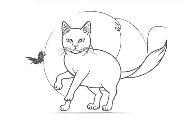 Cat Standing With One Feet On A Bird Flying