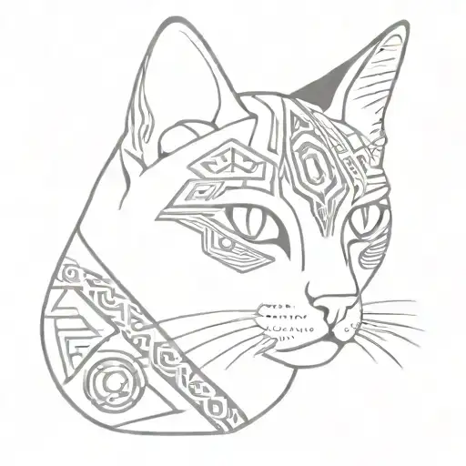 A Realistic Portrait Of A Cat With Aztec Symbols Incorporated Into The Design
