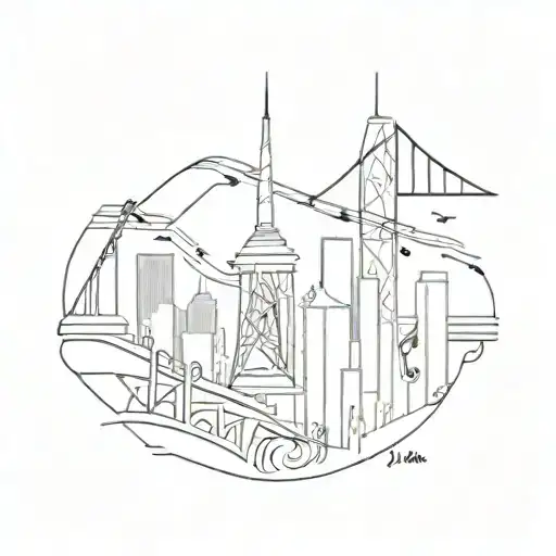 An Abstract Design Incorporating Musical Notes And City Landmarks From La La Land