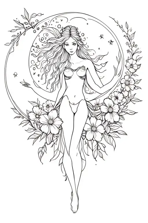 Fae Fairy On Flowers And Moon Surrounded