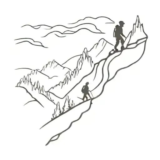 A Minimalist Tattoo Design Of A Warrior Hiking Up A Mountain Trail