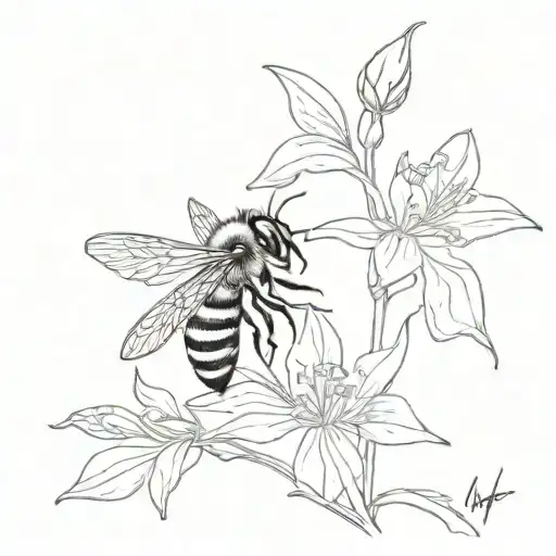 A Minimalist Tattoo Of A Honey Bee Perched On A Larkspur Flower