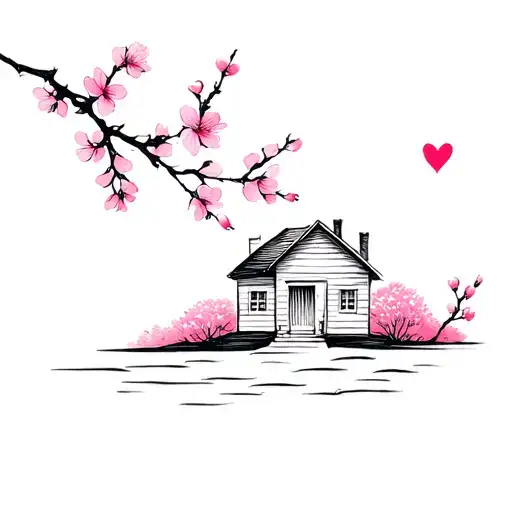 Stamp Tattoo Consisting Cherry Blossom And House Full Of Love