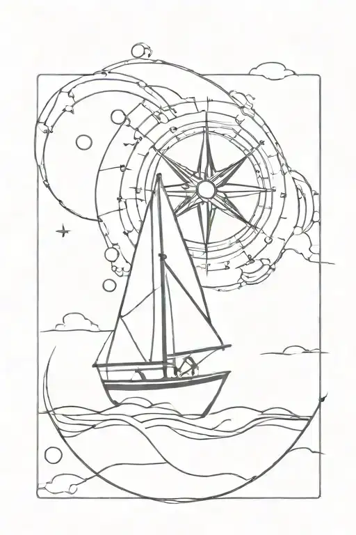 Boat In The Sea And Compass