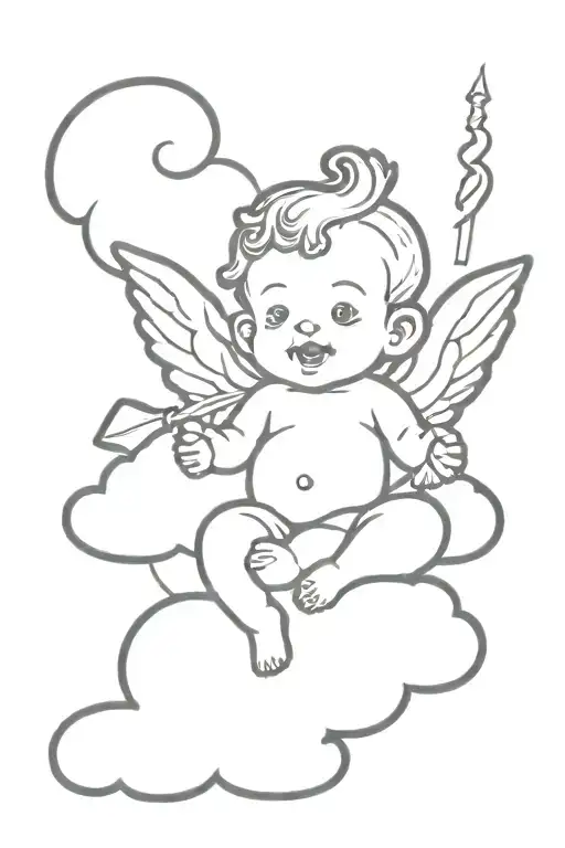 Cherub Baby Head With Crossed Arms On Cloud With Dagger Behind The Cloud