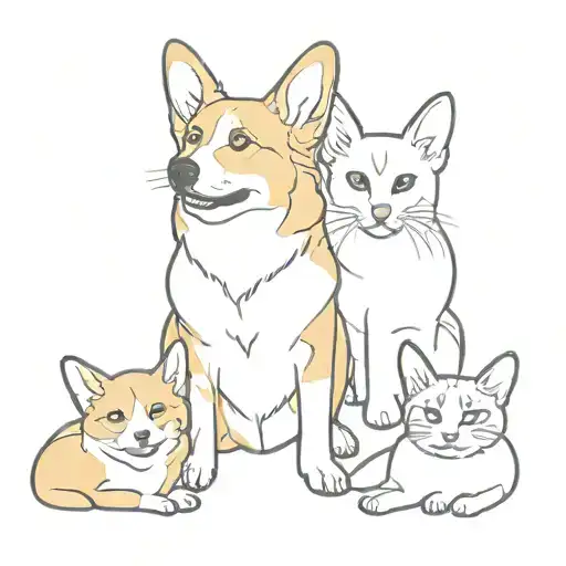 Two Corgis And A Cat Sitting