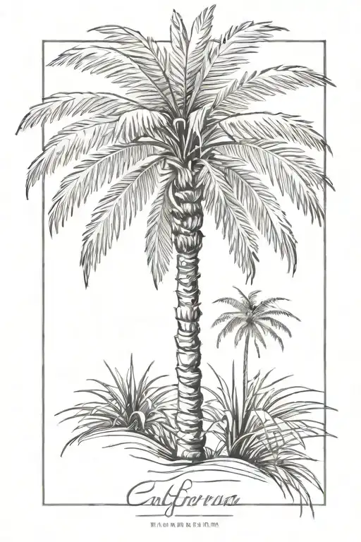 A Single Fine Line Image Of A California Palm Tree Growing From A Peach Fruit