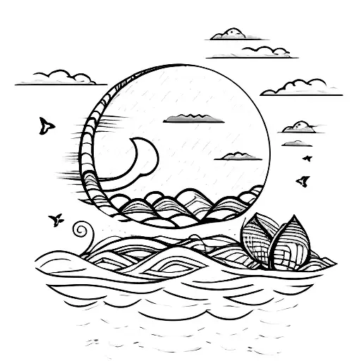 A Serene Sunset Over The Beach With A Sketch Style