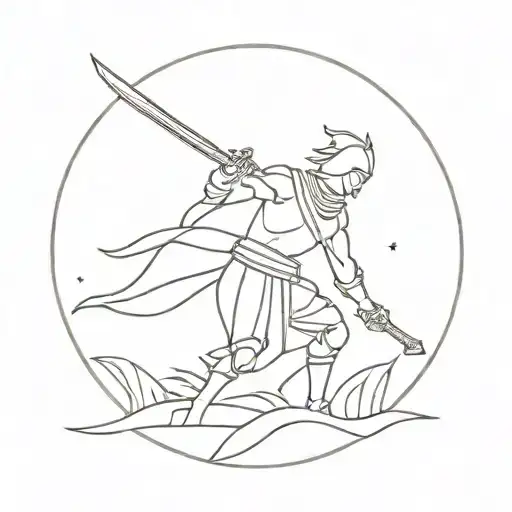 A Minimalist Tattoo Design Of A Warrior Holding A Knife Under The Moonlight