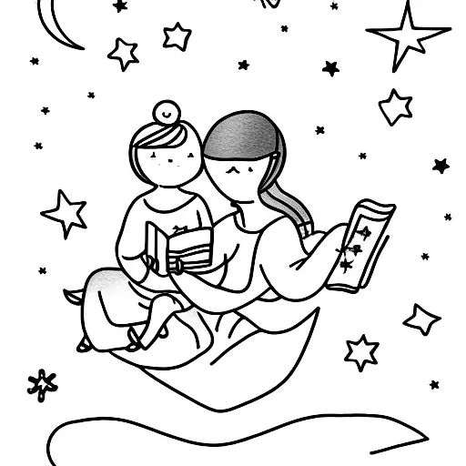A Mother And Daughter Reading Together Under A Starry Sky