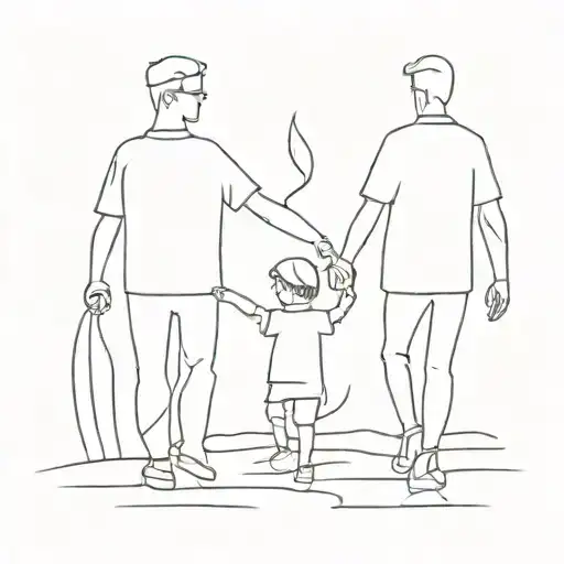 A Simple Outline Of A Father And Young Son Holding Hands Or Walking Side By Side Holding A Trophy
