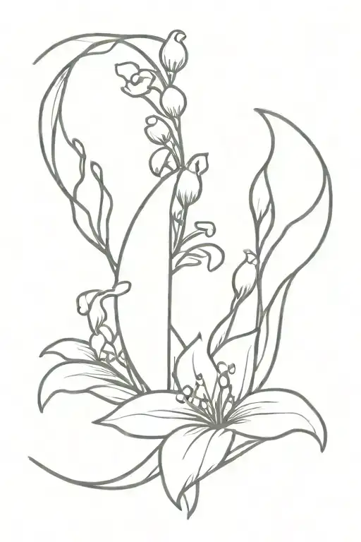 A Minimalist Tattoo Design Featuring A K-pop Inspired Symbol Surrounded By Lily Of The Valley