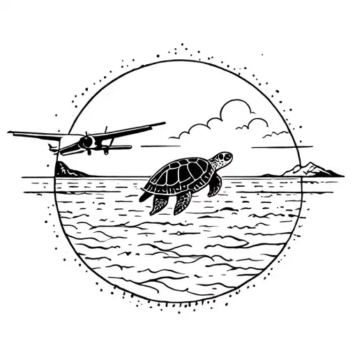 In A Circle A Turtle With The Beach A Plane And A Line