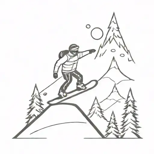 Snowboarder In Mountains With Trees And Sun