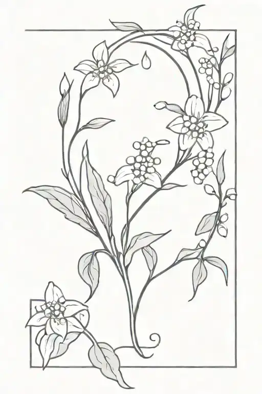 A Minimalist Tattoo Design Featuring A Moon Surrounded By Lily Of The Valley