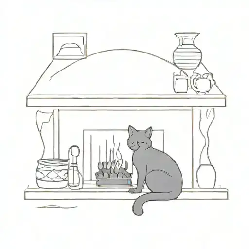 A Minimalist Silhouette Of A Cat Sitting In Front Of A Cozy Fireplace At Home