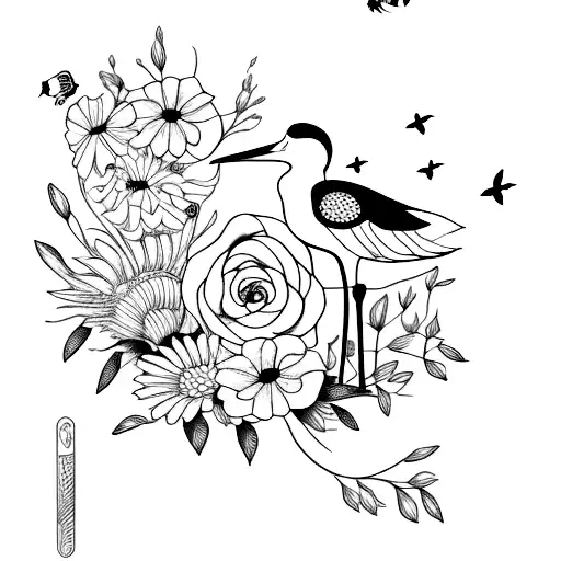 Fine Line Flowers With Storks With Bees