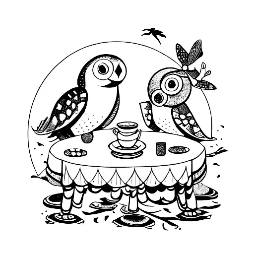 A Whimsical Scene Of A Turtle And Owl Having A Tea Party