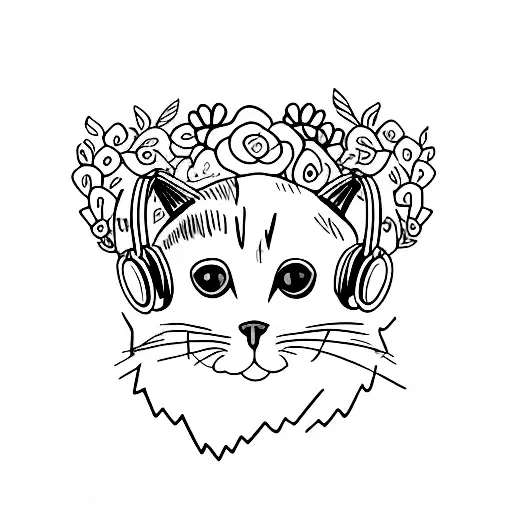 A Minimalist Tattoo Of A Cat Wearing Headphones And Surrounded By Flowers