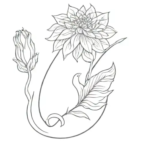 Cat Wrapping Tail Around Stem Of A Dahlia Flower With A Finch Resting On The Stem