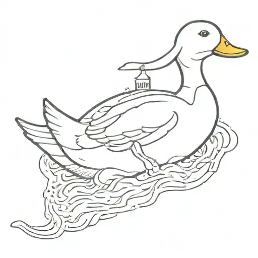 A Duck Holding A Broken In Half Submarine In Its Mouth
