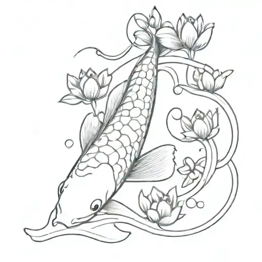 A Koi Fish Gracefully Swimming Through A Garden Of Lotus Flowers