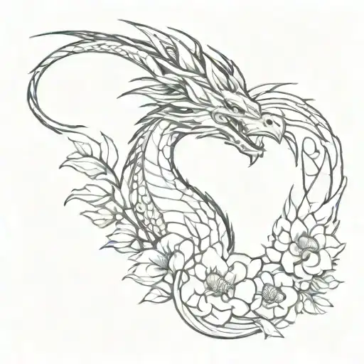 A Minimalist Design Of A Dragon Surrounded By Flowers