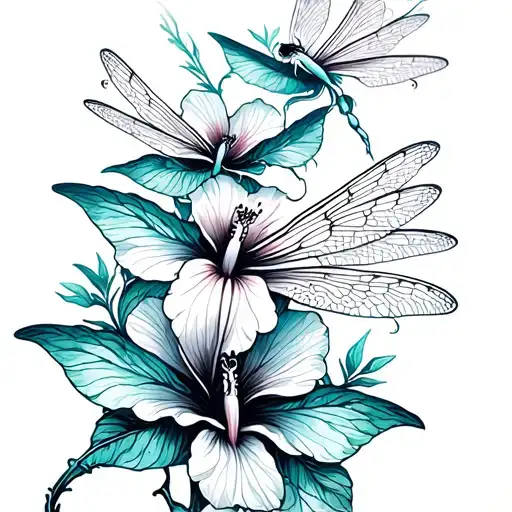 Dragonflies And Hibiscus Flowers Growing