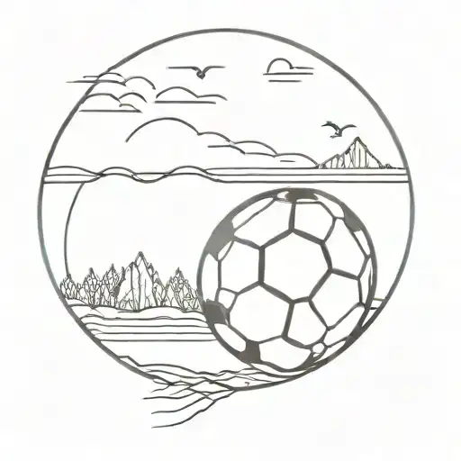 A Minimalist Tattoo Of A Soccer Ball With A Scenic Landscape In The Background